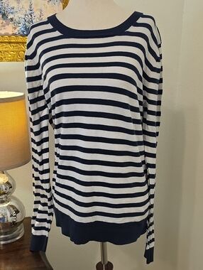 J. Crew Navy and White Striped Scoop Neck Sweater